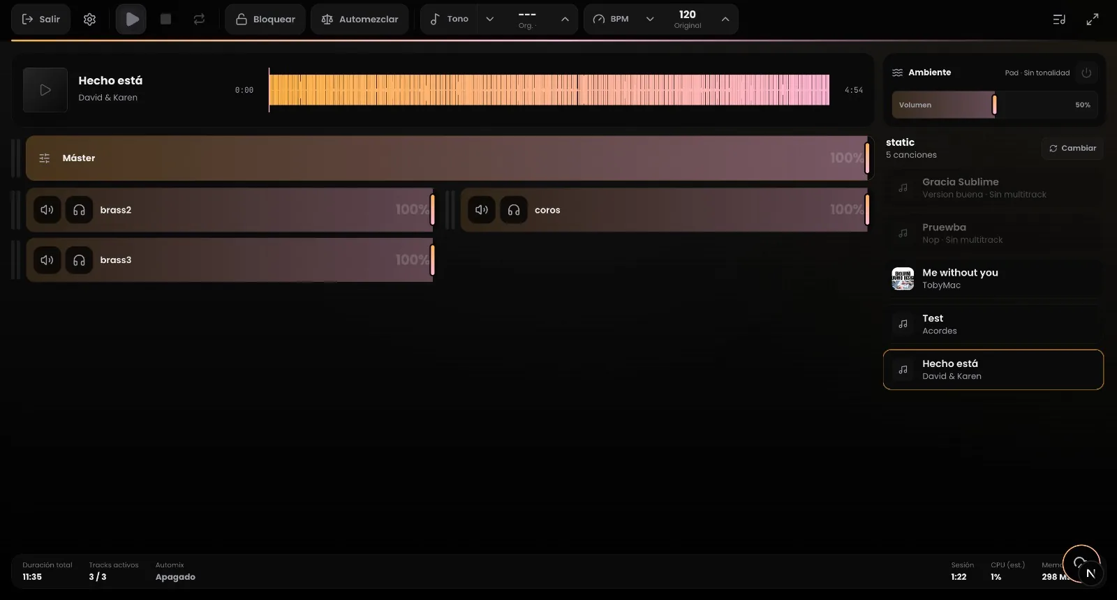 Sesión de mezcla multitrack en vivo