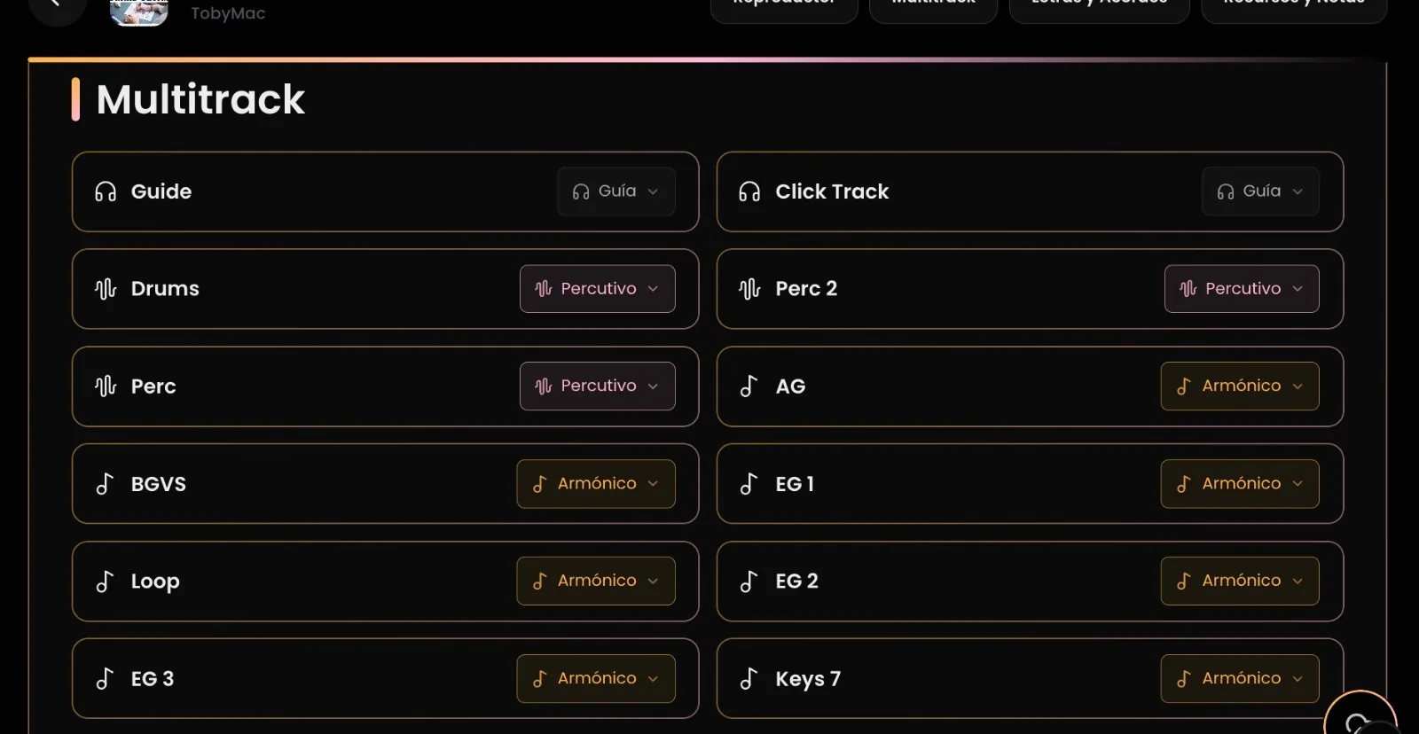 Listado de pistas multitrack por categoría