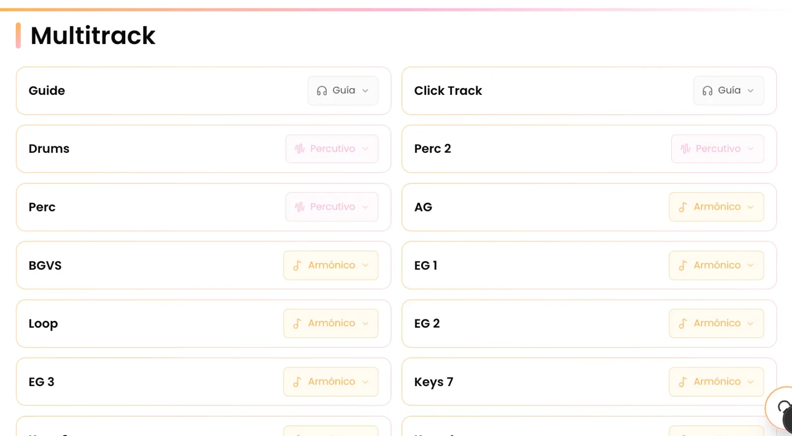 Listado de pistas multitrack por categoría