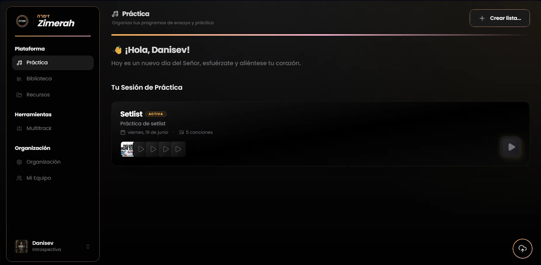 Vista de Práctica con setlist activa
